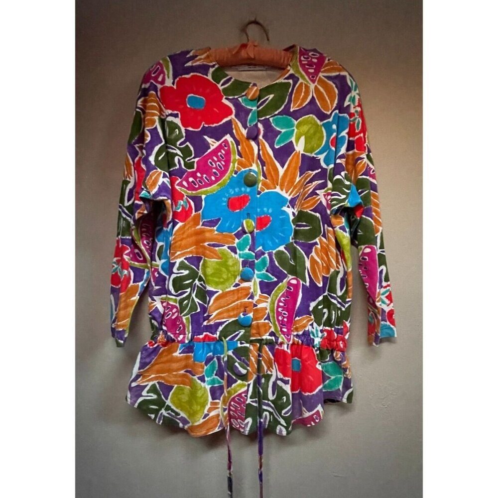 Vintage Tape Measure Women One Size Colorful Floral Print Shirt Drawstring Waist